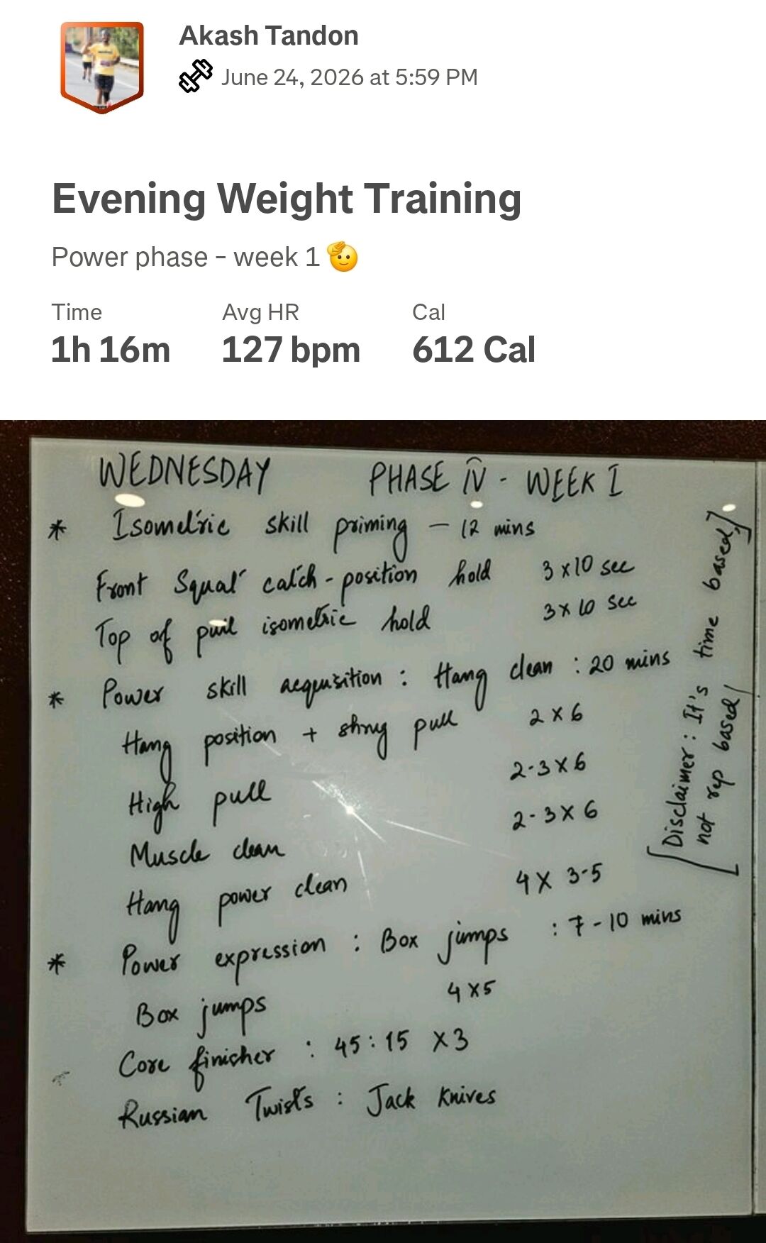 A Strava post titled “Evening Weight Training” with a photo of a gym whiteboard listing the day’s power-phase workout